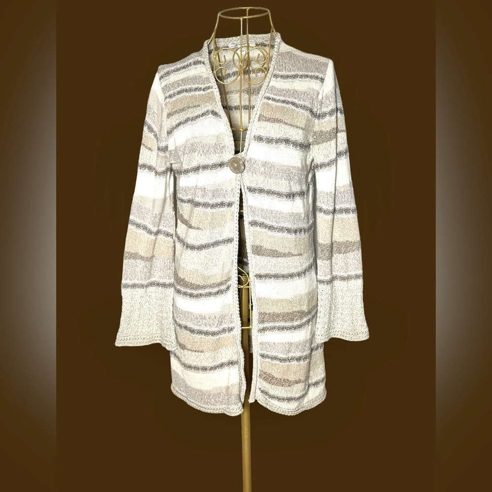 JM Collection Cotton One-Button Long Sleeved Cardigan in Neutral Earth Tones, S